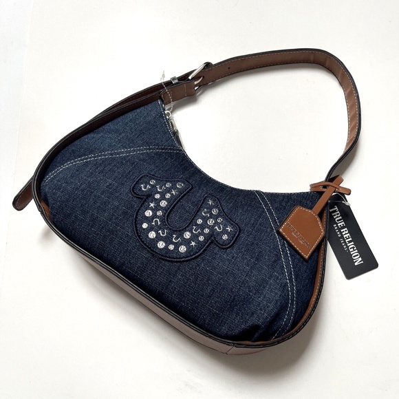 NWT TRUE RELIGION Denim Shoulder Bag Studded Horseshoe Blue Hobo Embellished - Picture 3 of 10